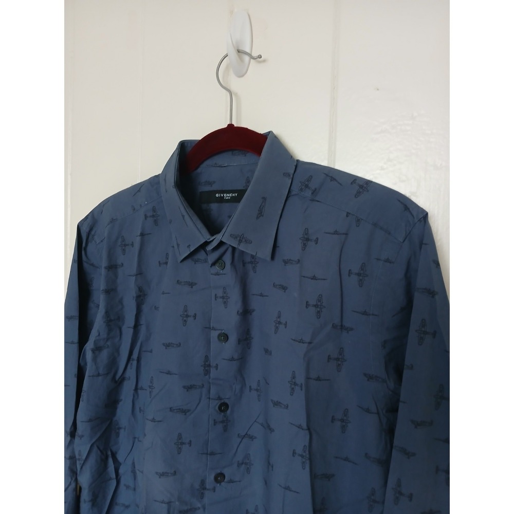 Givenchy Paris Prop Plane Print Dress Shirt Mens 16.5/42 Navy Blue Cotton
